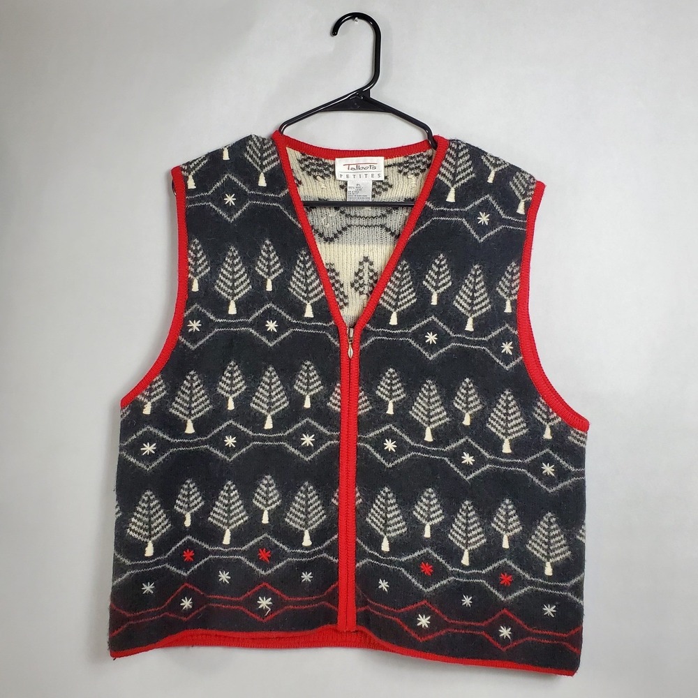 Talbots‎ Petites Women's Fair Isle Tree Vest Wool Red Trim Zip Up Size PL
